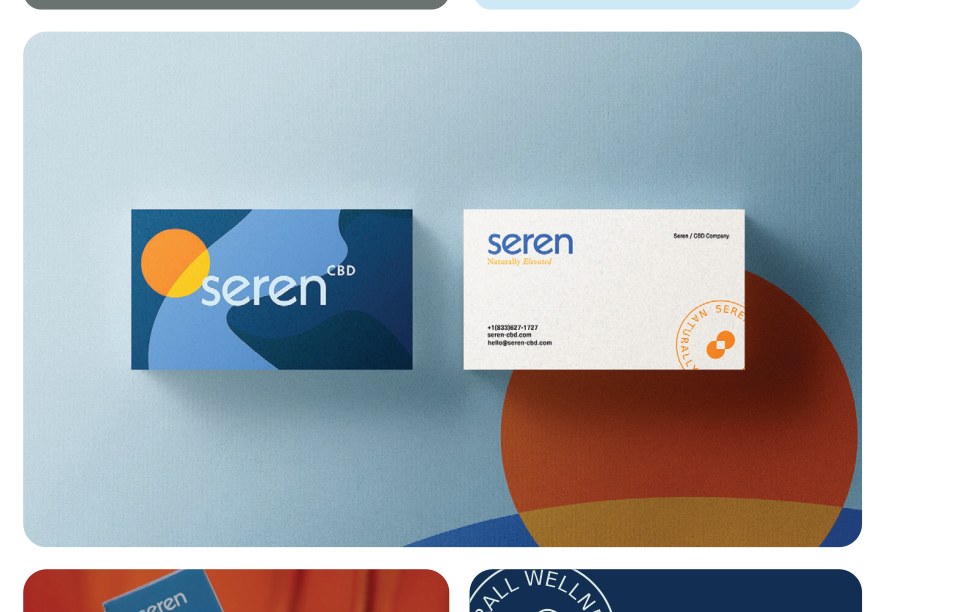 Seren business cards in blue, orange and cream