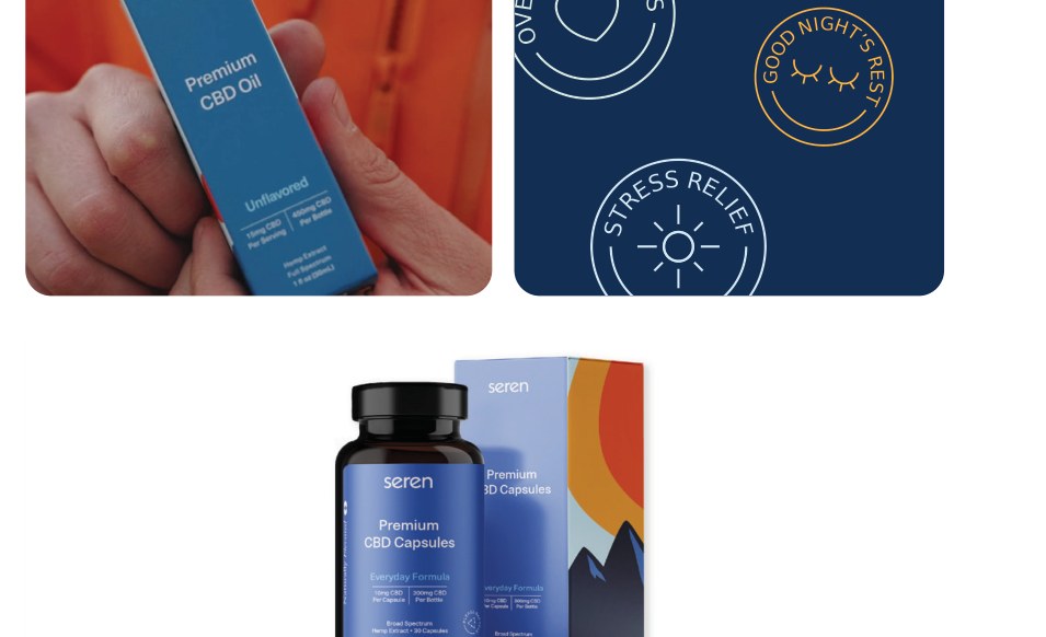 Seren CBD oil box in hand and the brand icons: overall wellness, good night rest, stress relief