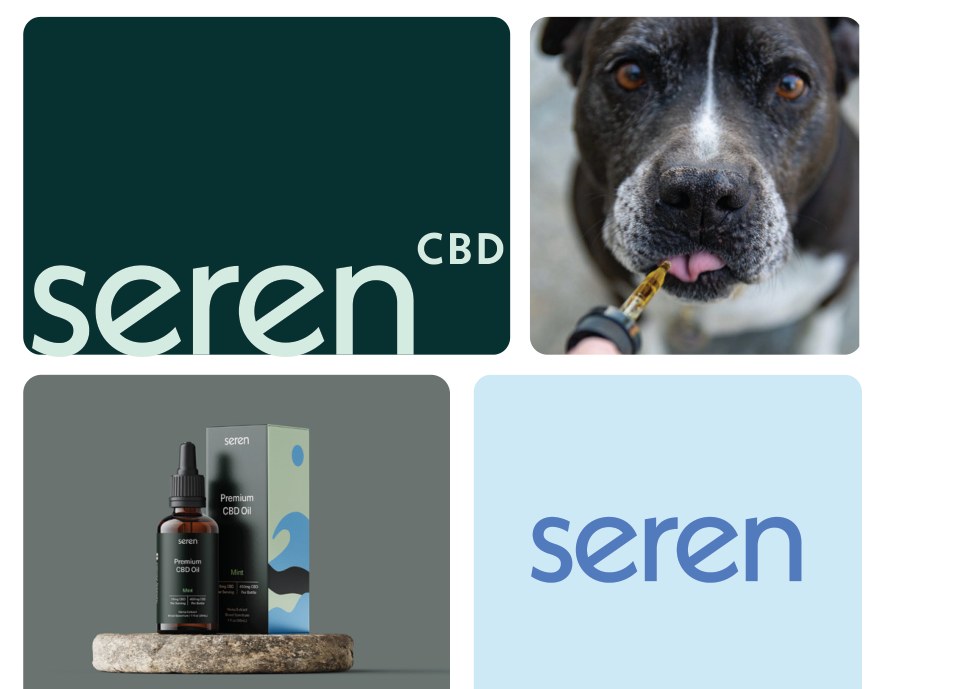 Seren CBD logo on dark green, a dog, the product bottle and the wordmark on light blue