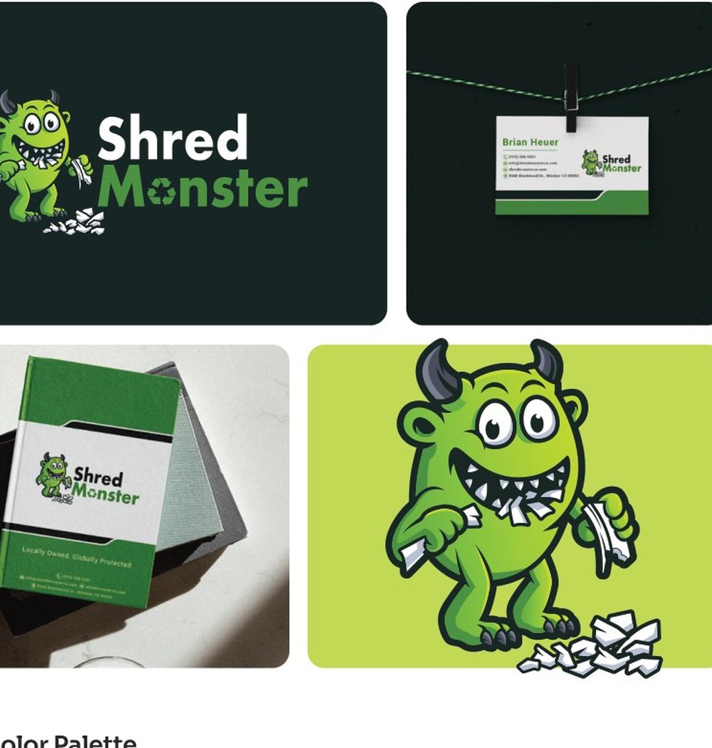 Shred Monster mascot and brand tiles