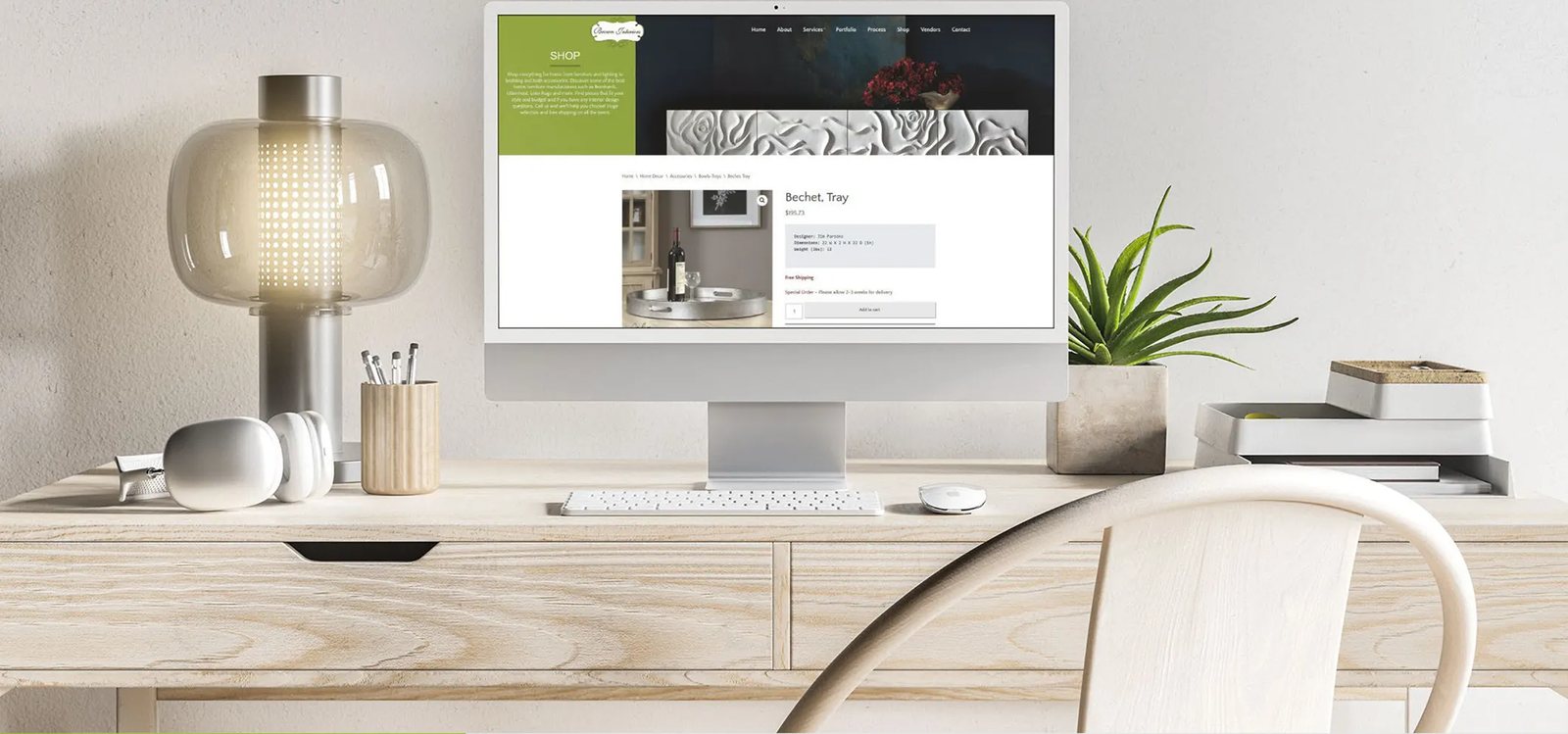 Product page on an iMac on a light wood desk