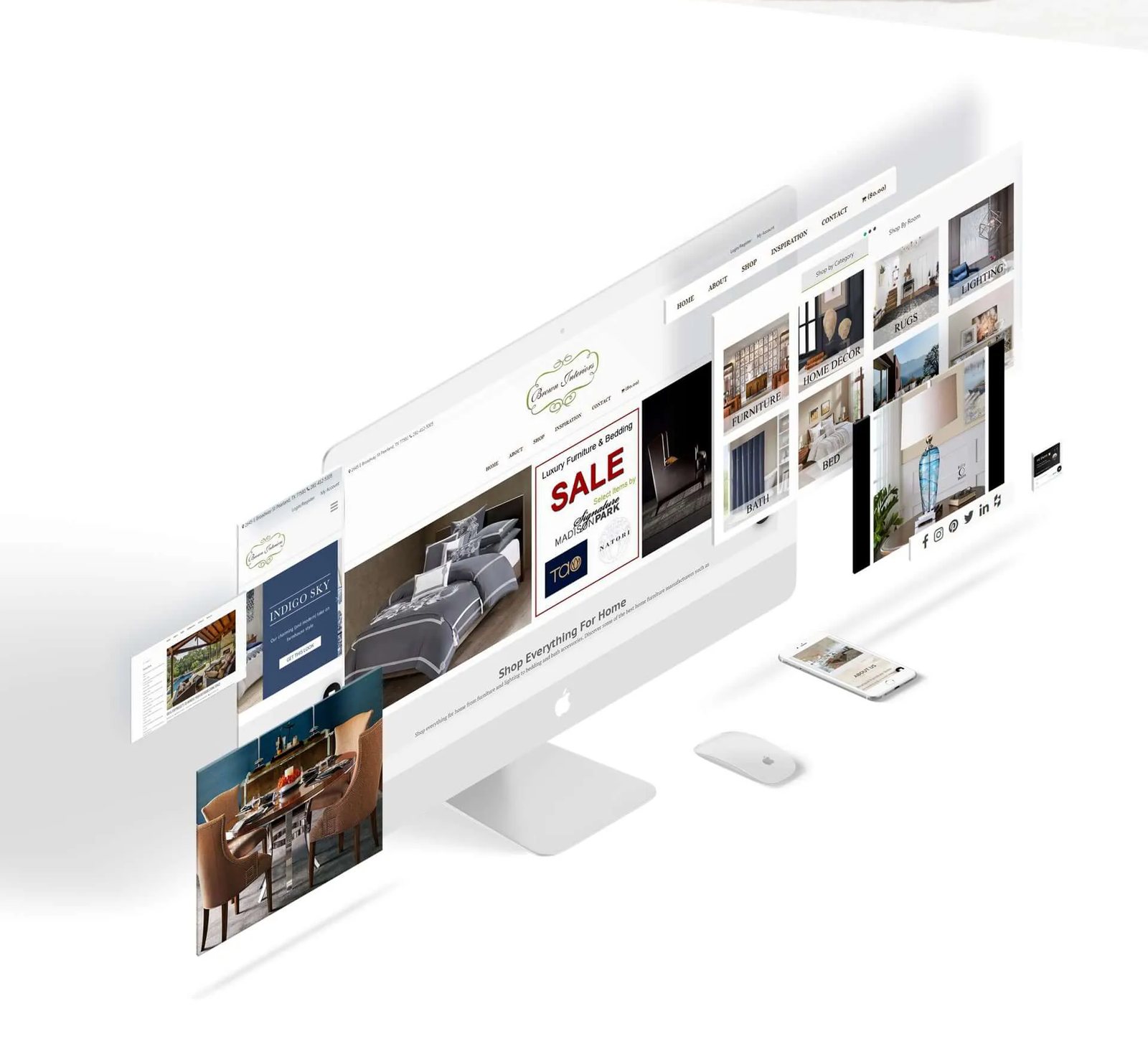 Brown Interiors pages fanned out across an iMac, laptop and phone