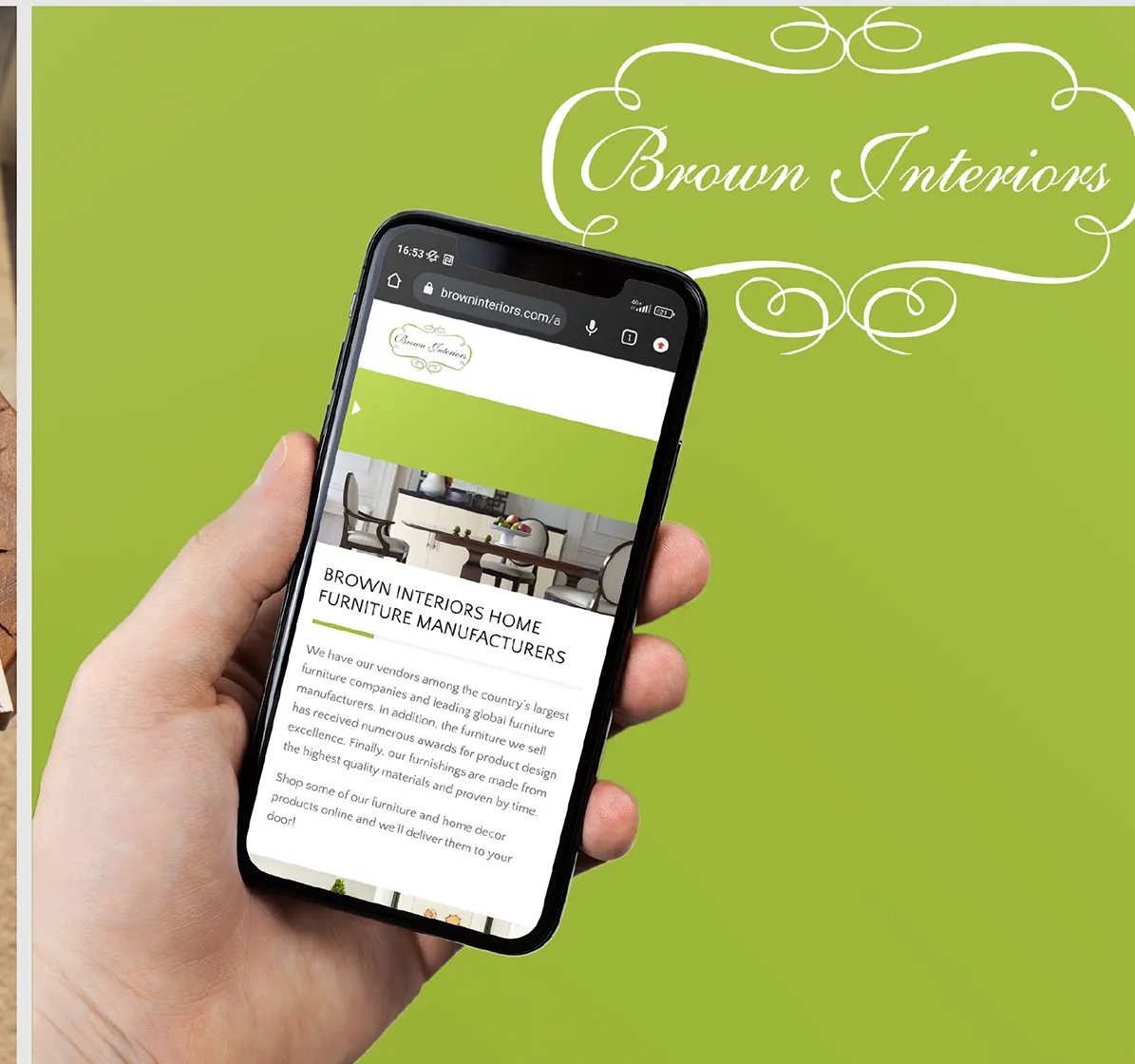 Furniture manufacturers page on a phone held in a hand