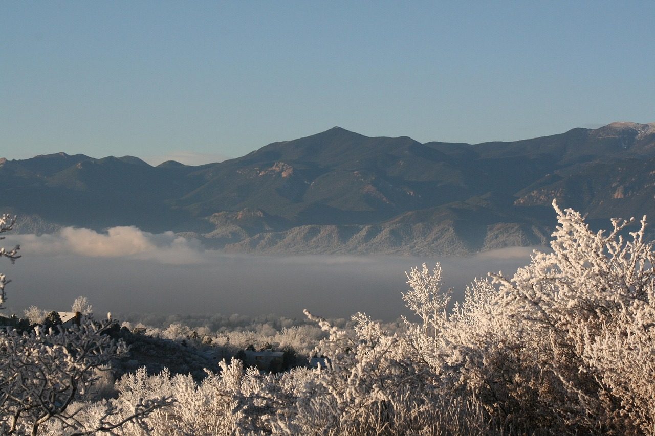 Pikes Peak above frost-covered foothills, Colorado Springs