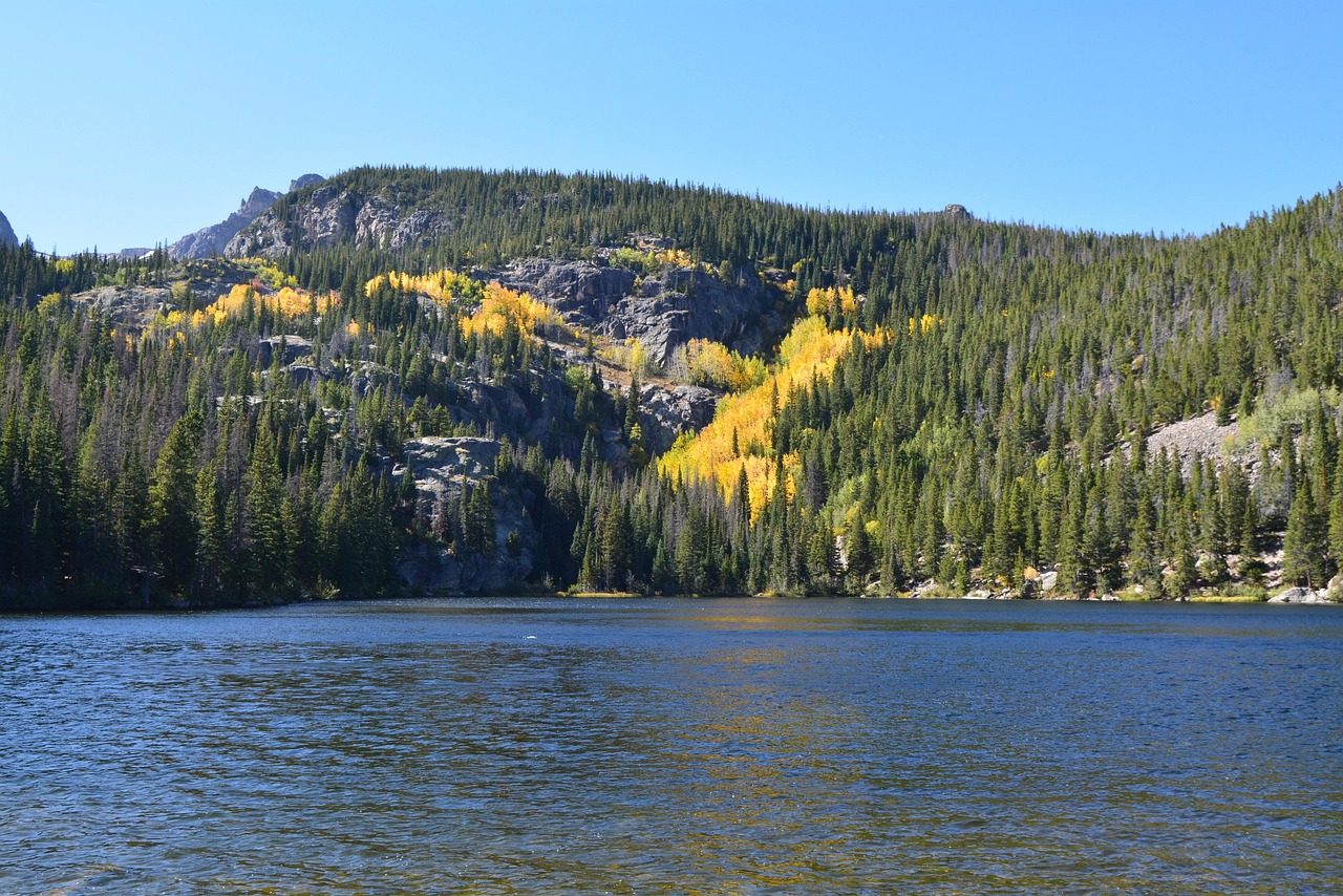 Autumn aspens above a lake in Rocky Mountain National Park