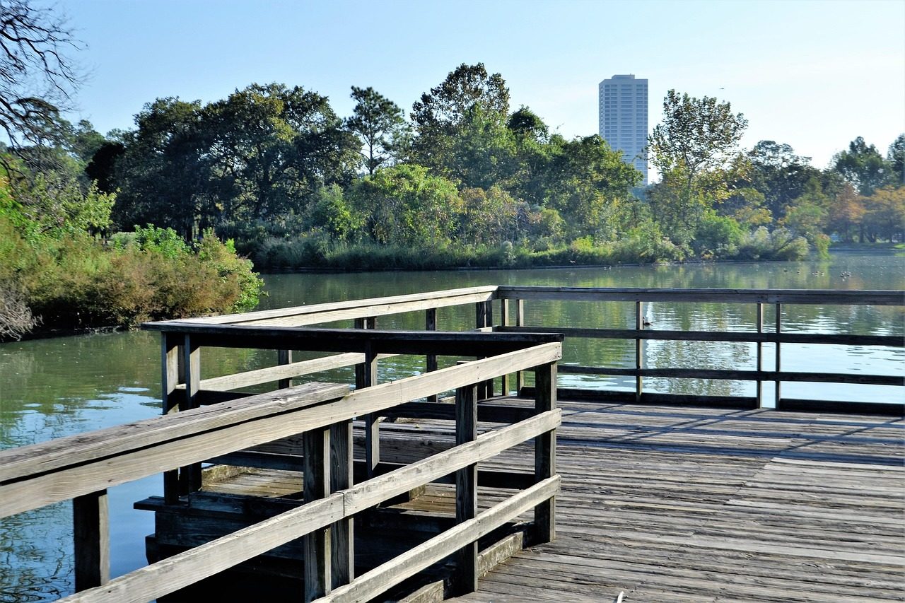 Boardwalk over a park lake in southeast Texas