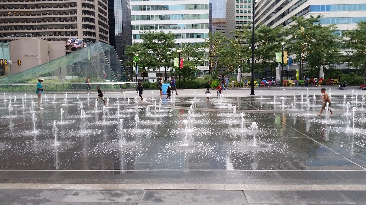Fountains on a downtown plaza