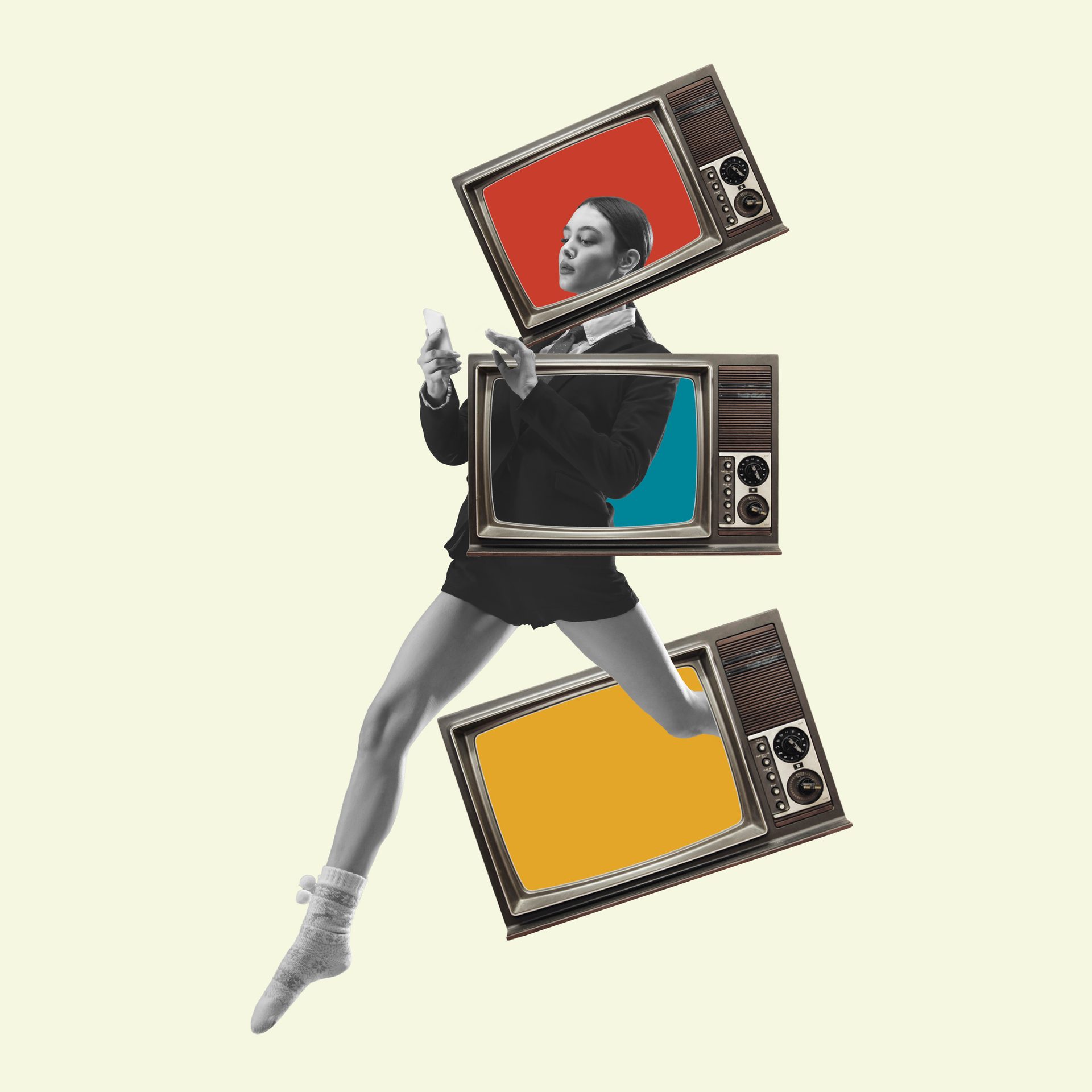 Collage of a dancer with a vintage television for a head
