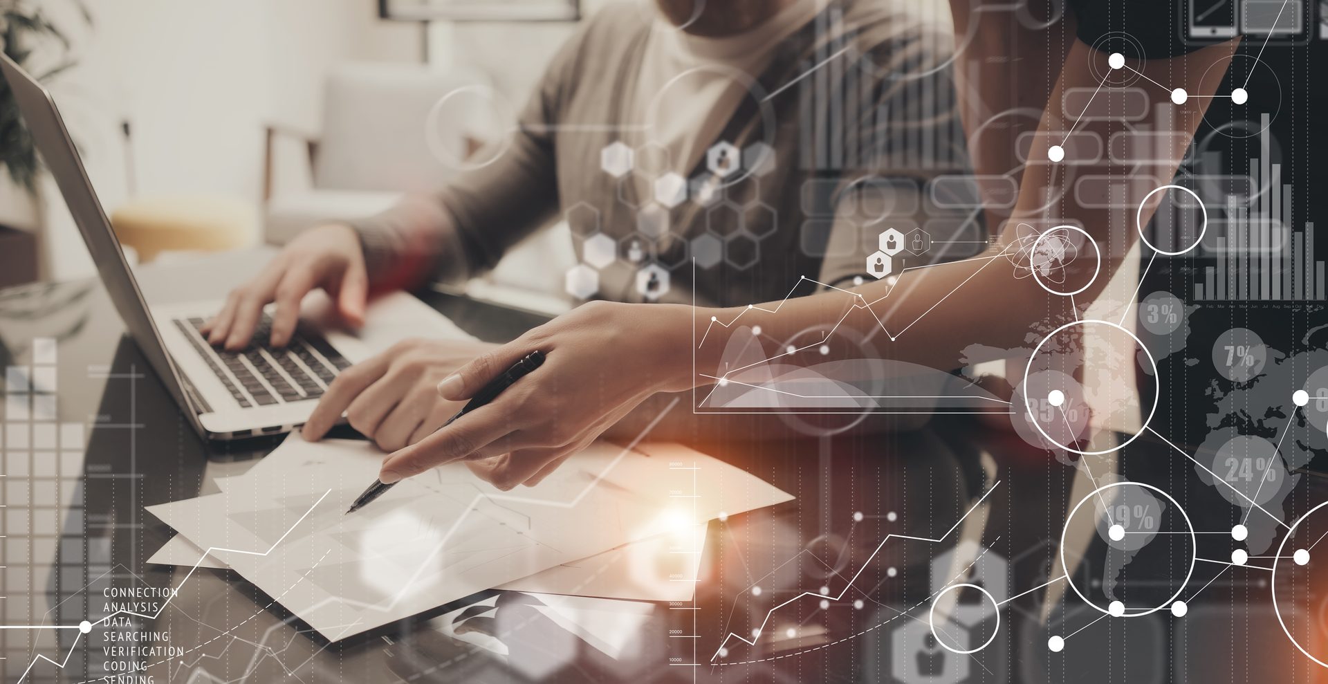 Hands on a laptop with analytics icons overlaid