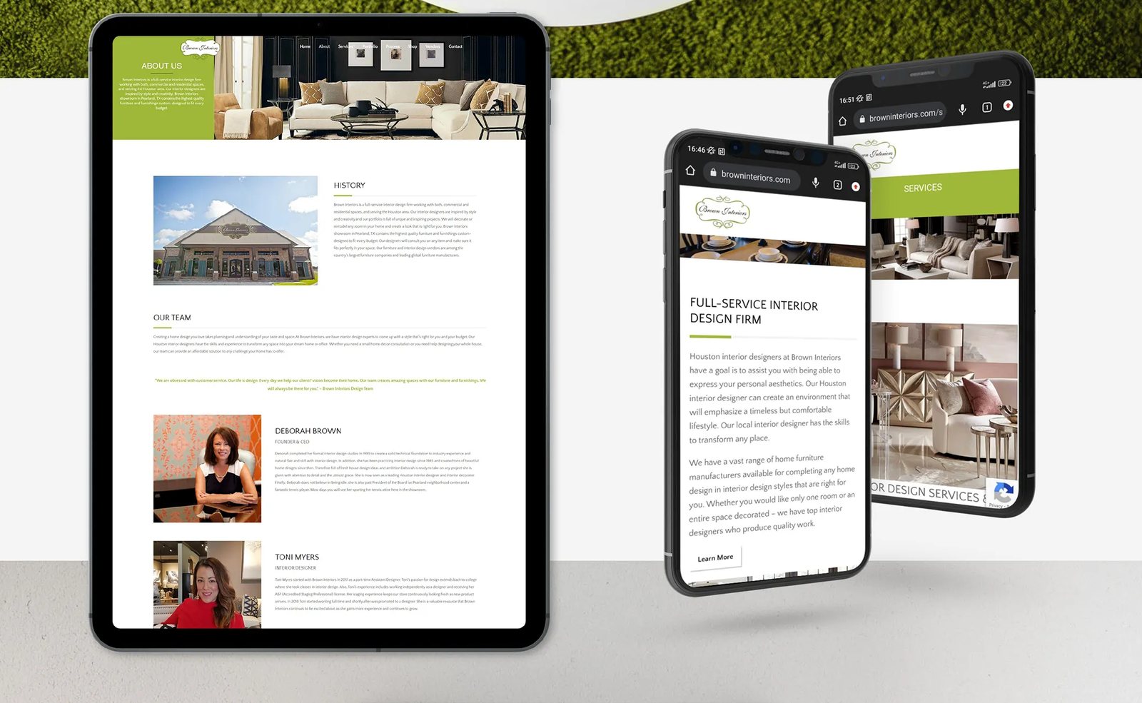 About page on a tablet with two phones showing the mobile site